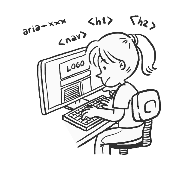 Ilustrasi seseorang duduk di komputer mengembangkan kode web dengan tag HTML.