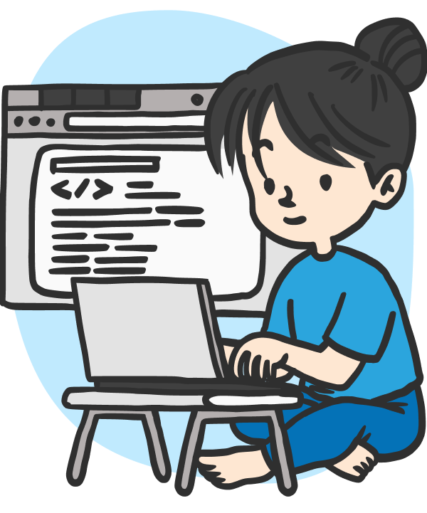 Ilustrasi perempuan berambut cepol duduk di lantai mengetik di laptop.