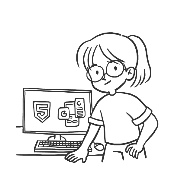 Ilustrasi seseorang berkacamata berdiri di depan komputer dengan ikon HTML5.